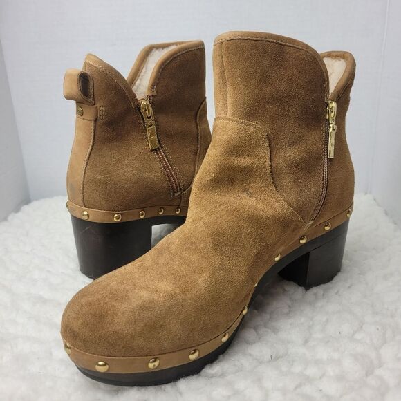 UGG Cam 2 Chestnut Ankle Heel Boots Womens Size 9 Suede Sheepskin Chunky Zip - Picture 5 of 8